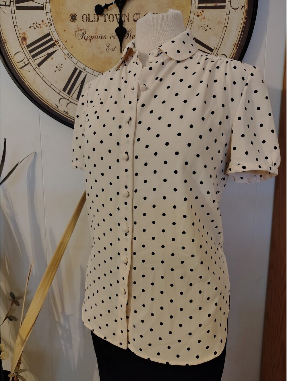 Vintage Style Cream Polka Dot Button-Up Blouse Small - Picture 6 of 9